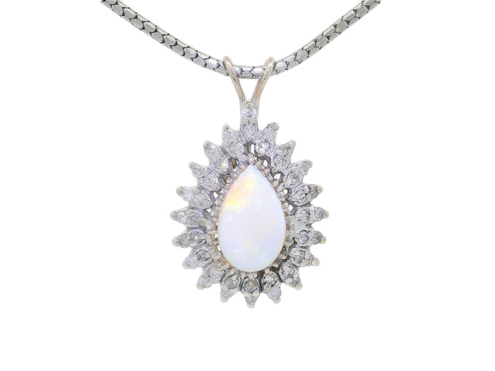 Antique Victorian 3.20 CTW AAA Grade Natural Opal & Diamond Pendant Necklace in 14KT White Gold
