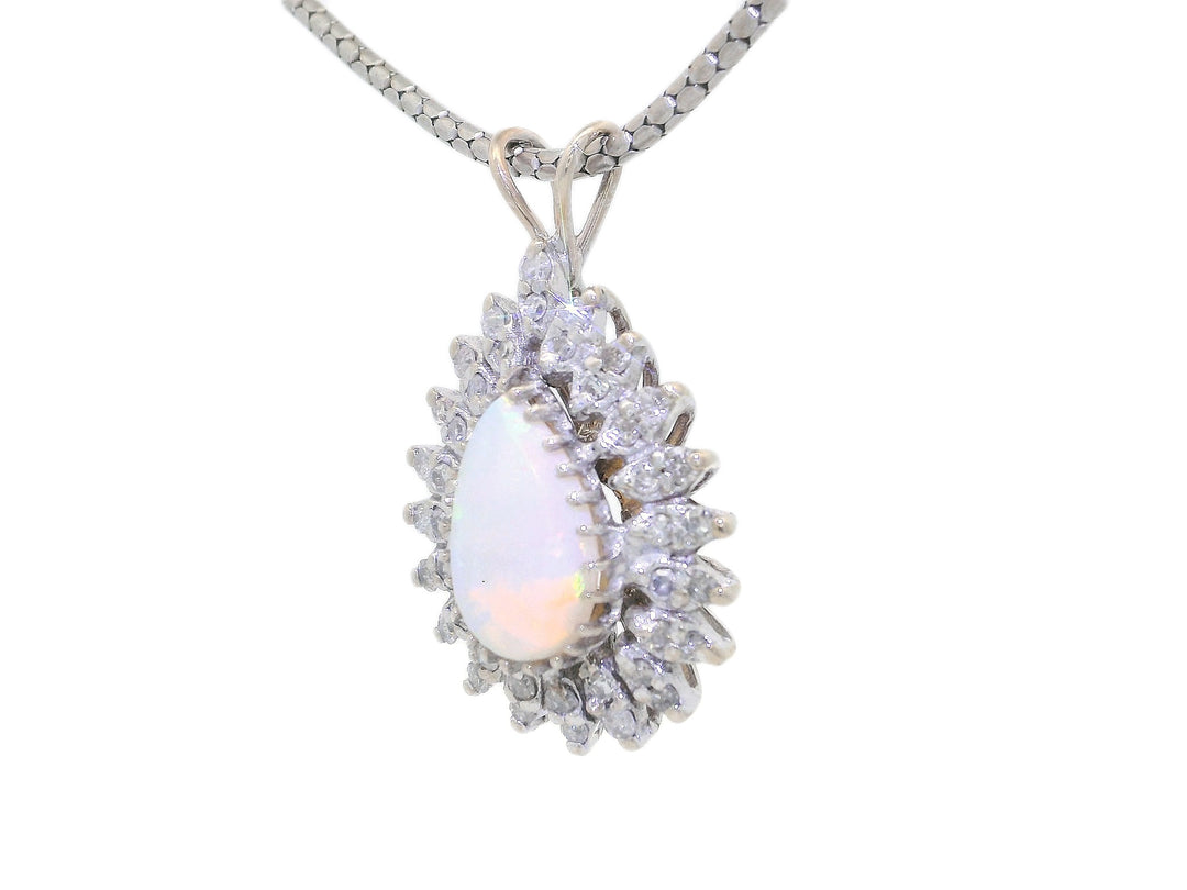Antique Victorian 3.20 CTW AAA Grade Natural Opal & Diamond Pendant Necklace in 14KT White Gold