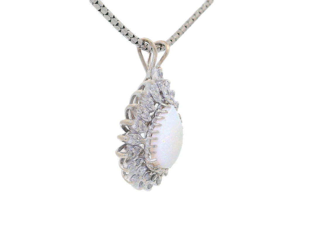 Antique Victorian 3.20 CTW AAA Grade Natural Opal & Diamond Pendant Necklace in 14KT White Gold