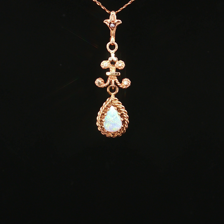 Pear Opal Seed Pearl Fleur-de-Lis Antique Victorian Pendant Necklace (⅓ ct.) in 14k Yellow Gold