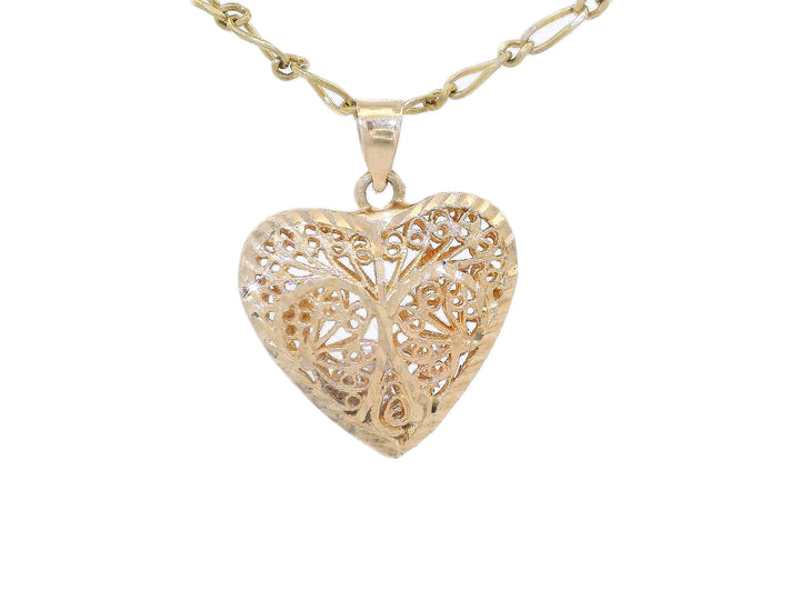 Puffed Filigree Heart Pendant Necklace in 14KT Yellow Gold Necklaces Jewelry Depot, Inc..