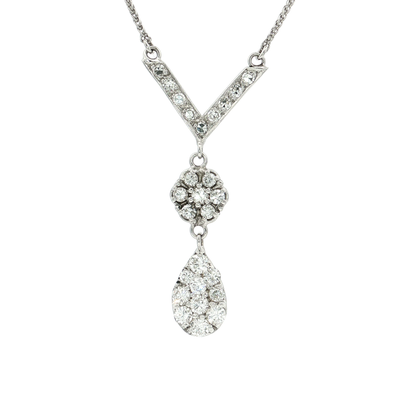 V-shaped colorless diamond necklace featuring 1.95 ct. tw. diamonds in 14k white gold, elegant and sophisticated design.