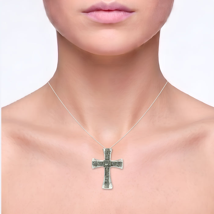 Invisibly-Set Near-Colorless Princess Cut Diamond Cross Pendant Necklace (2 ct. tw.) in 14k White Gold shown on the neck (light skin tone)