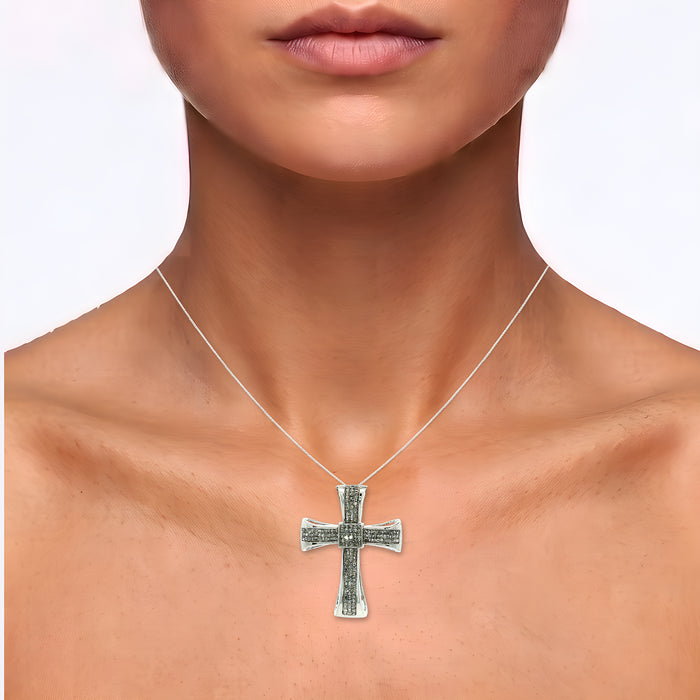 Invisibly-Set Near-Colorless Princess Cut Diamond Cross Pendant Necklace (2 ct. tw.) in 14k White Gold shown on the neck (medium skin tone)