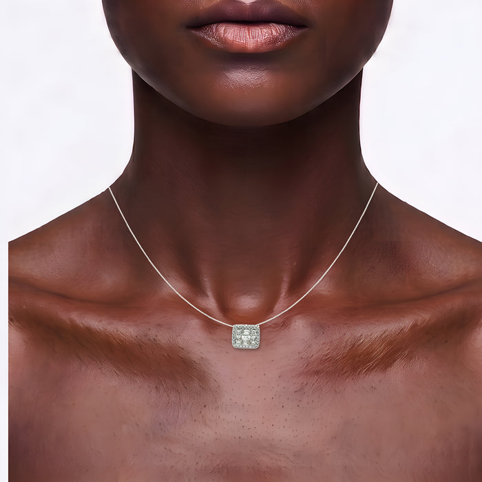 Nearly Flawless Colorless Diamond Pendant Necklace (⅗ ct. tw.) in 14k White Gold shown on the neck (deep skin tone)