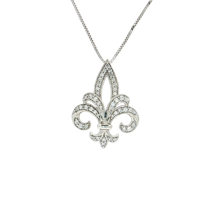 Pavé Cubic Zirconia Fleur-de-Lis Pendant Necklace in Sterling Silver
