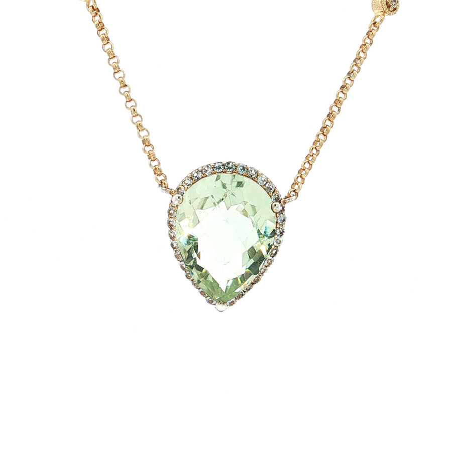 Checkerboard Pear Peridot Cubic Zirconia Halo Pendant Necklace (6 ⅘ ct.) in Sterling Silver