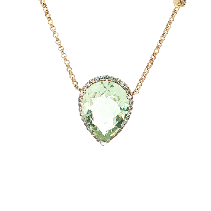 Checkerboard Pear Peridot Cubic Zirconia Halo Pendant Necklace (6 ⅘ ct.) in Sterling Silver