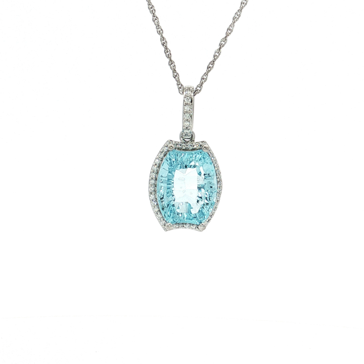 Cushion Halo Vivid Aqua Cubic Zirconia Pendant Necklace in Sterling Silver