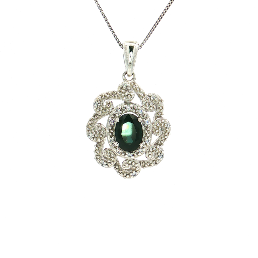 Oval Deep Teal Lab-Grown Sapphire Cubic Zirconia Halo Pendant Necklace (1 ⅕ ct.) in Sterling Silver
