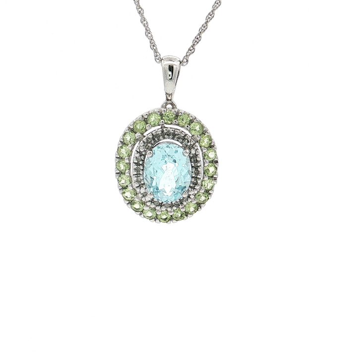Oval Double Halo Aqua and Green Cubic Zirconia Pendant Necklace in Sterling Silver