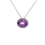 Checkerboard Oval Amethyst Cubic Zirconia Halo Pendant Necklace (4 ct.) in Sterling Silver