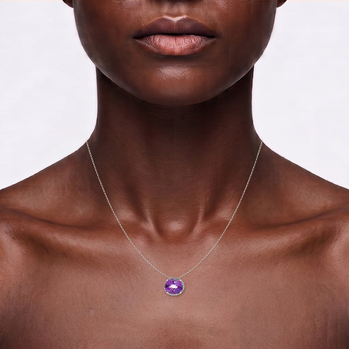 Checkerboard Oval Amethyst Cubic Zirconia Halo Pendant Necklace (4 ct.) in Sterling Silver shown on the neck (deep skin tone)