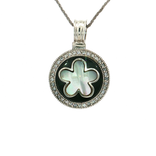 Cubic Zirconia Halo Black Onyx and Mother of Pearl Flower Pendant Necklace in Sterling Silver