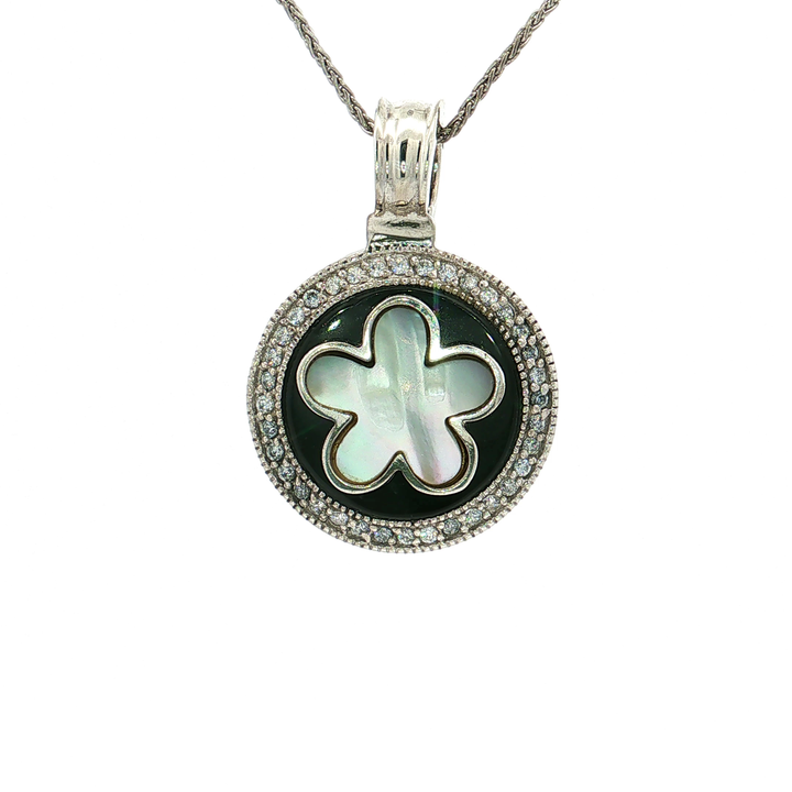 Cubic Zirconia Halo Black Onyx and Mother of Pearl Flower Pendant Necklace in Sterling Silver