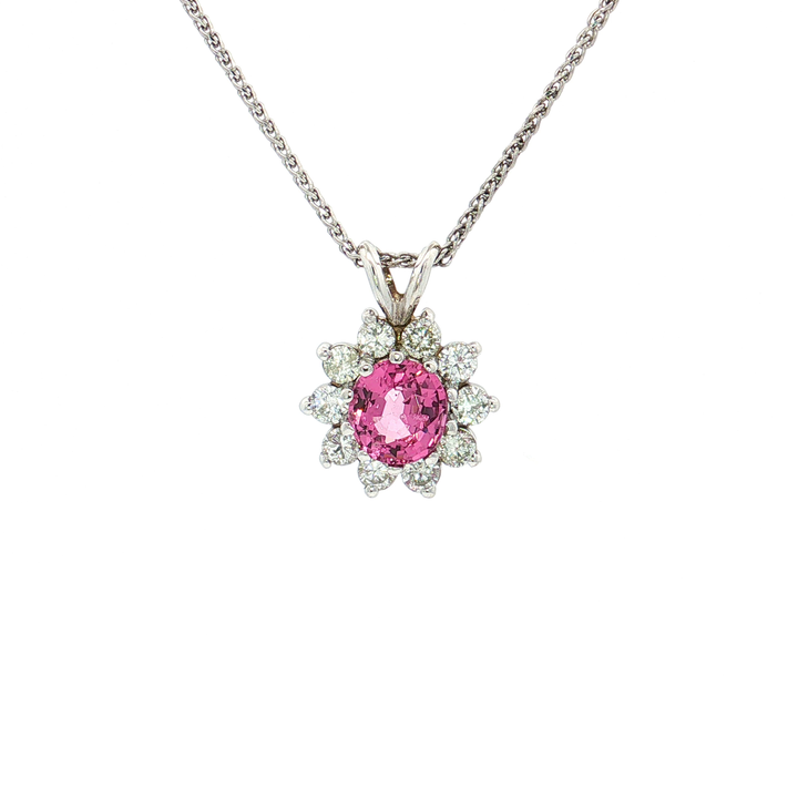 Vivid Pink Sapphire Colorless Nearly Flawless Halo Diamond Pendant Necklace (1 ⅗ ct. tw.) in 14k White Gold