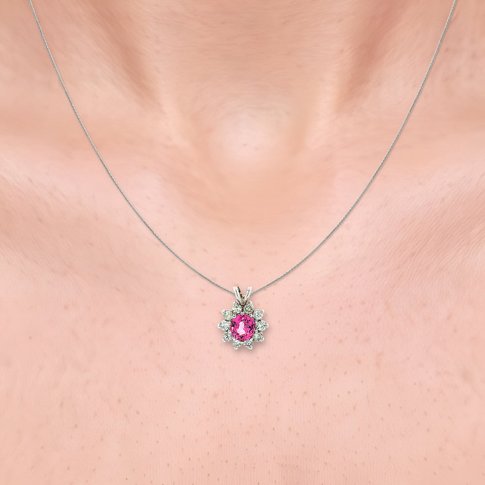 Vivid Pink Sapphire Colorless Nearly Flawless Halo Diamond Pendant Necklace (1 ⅗ ct. tw.) in 14k White Gold shown on the neck (light skin tone)