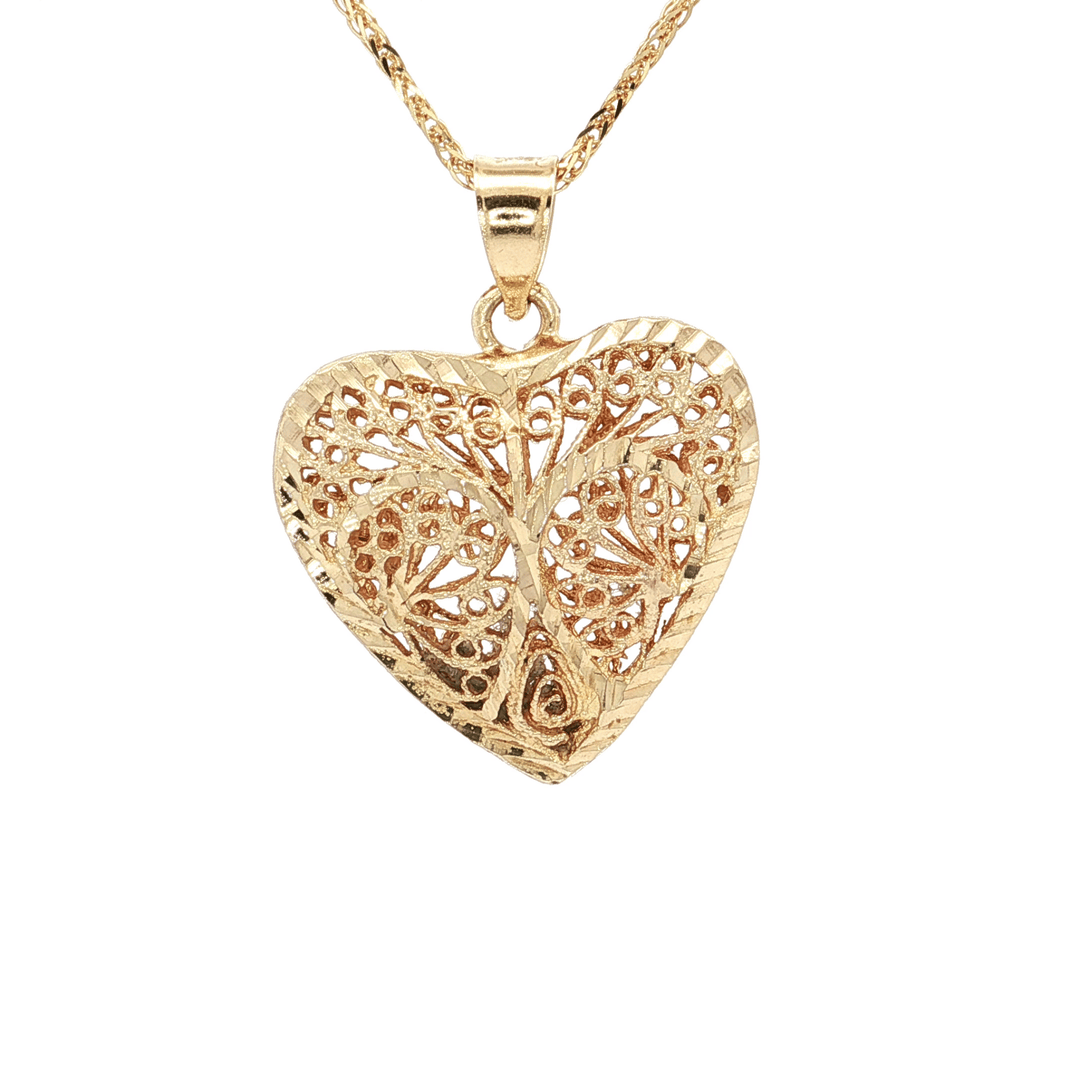 Puffed Filigree Heart Pendant Necklace on an 18" Square Diamond Cut Spiga Wheat Chain in Solid 14kt Yellow Gold – Jewelry Depot, Inc.