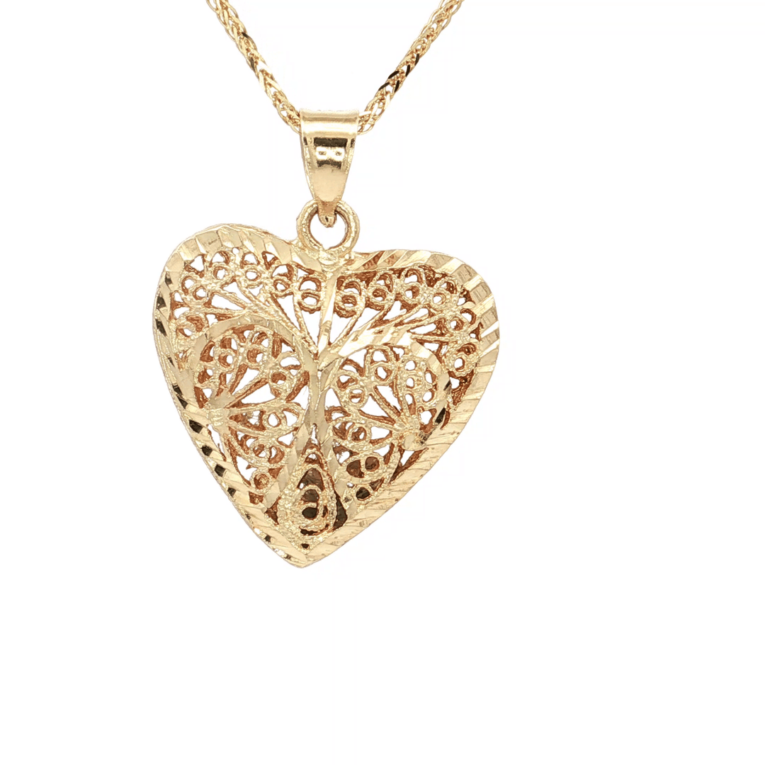 Puffed Filigree Heart Pendant Necklace on an 18" Square Diamond Cut Spiga Wheat Chain in Solid 14kt Yellow Gold – Jewelry Depot, Inc.