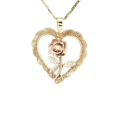 Open Heart Rose Tri-Color Gold Pendant Necklace in Solid 14k Yellow, Rose, & White Gold