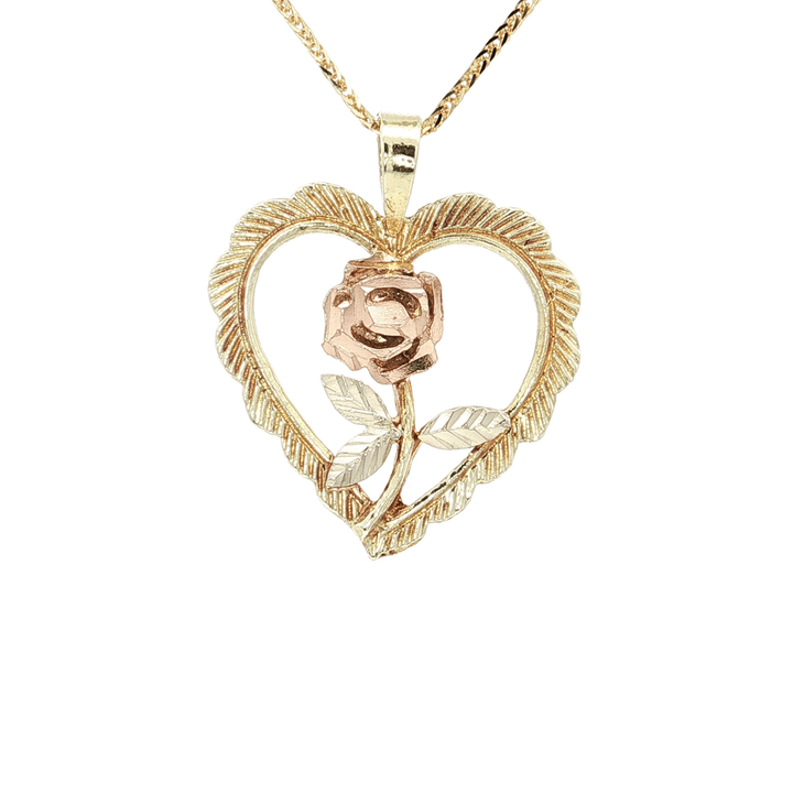Open Heart Rose Tri - Color Gold Pendant Necklace on an 18" Square Diamond Cut Spiga Wheat Chain in Solid 14kt Yellow, Rose, & White Gold – Jewelry Depot, Inc.
