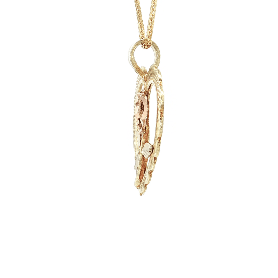 Open Heart Rose Tri - Color Gold Pendant Necklace on an 18" Square Diamond Cut Spiga Wheat Chain in Solid 14kt Yellow, Rose, & White Gold – Jewelry Depot, Inc.