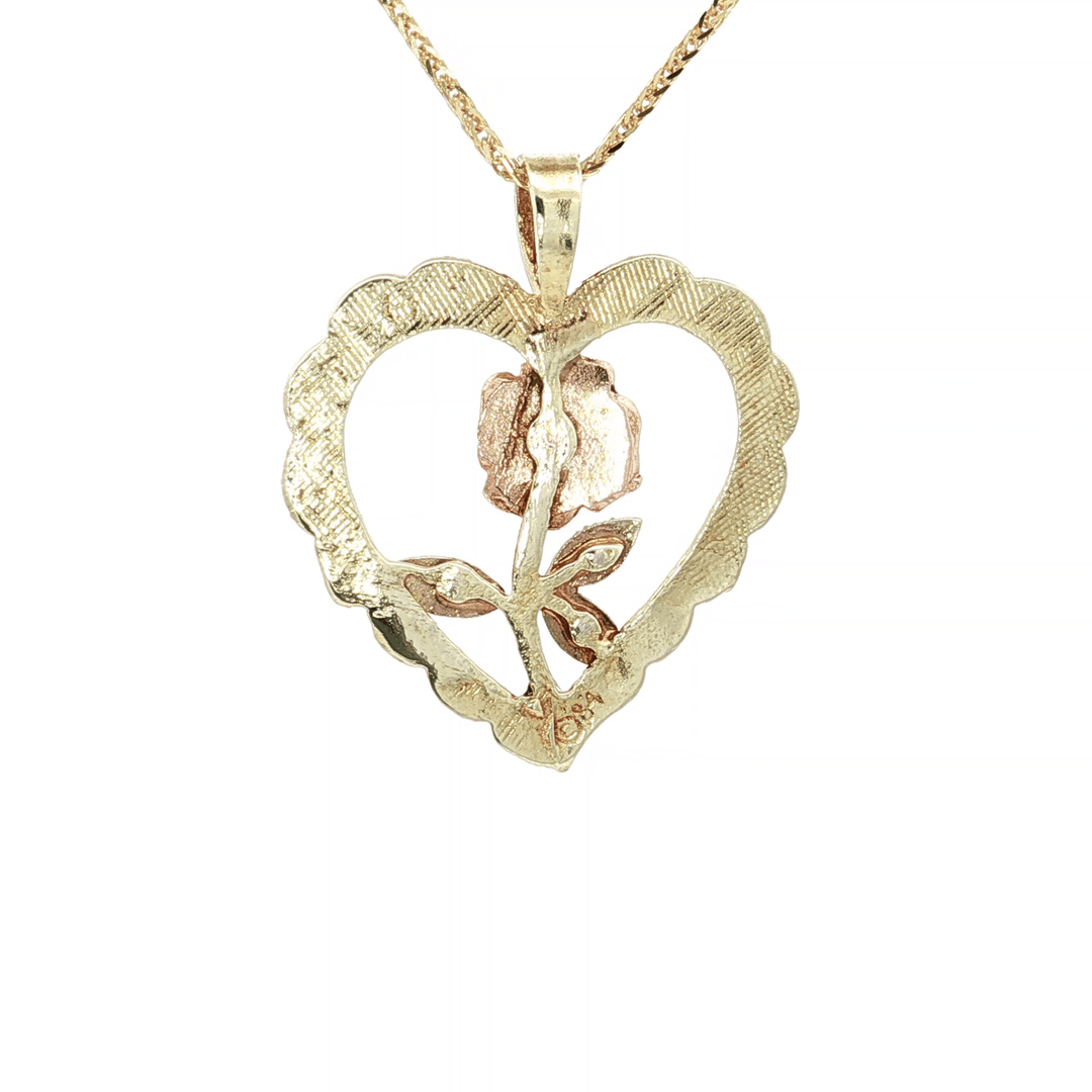 Open Heart Rose Tri - Color Gold Pendant Necklace on an 18" Square Diamond Cut Spiga Wheat Chain in Solid 14kt Yellow, Rose, & White Gold – Jewelry Depot, Inc.