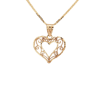 Open Filagree Solid Gold Heart Pendant Necklace on an 18" Square Diamond Cut Spiga Wheat Chain in Solid 14kt Yellow Gold – Jewelry Depot, Inc.