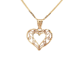 Vintage Open Filigree Solid Gold Heart Pendant Necklace in 14k Yellow Gold