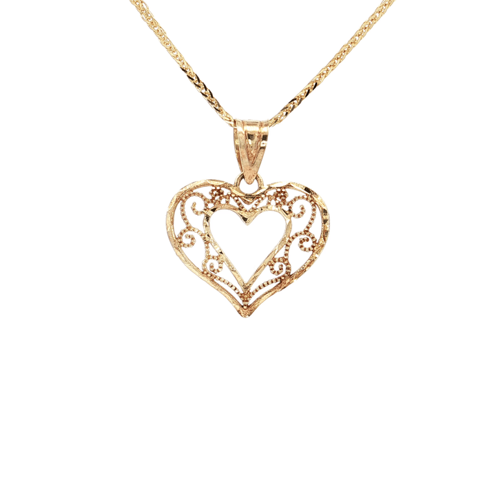 Open Filagree Solid Gold Heart Pendant Necklace on an 18" Square Diamond Cut Spiga Wheat Chain in Solid 14kt Yellow Gold – Jewelry Depot, Inc.