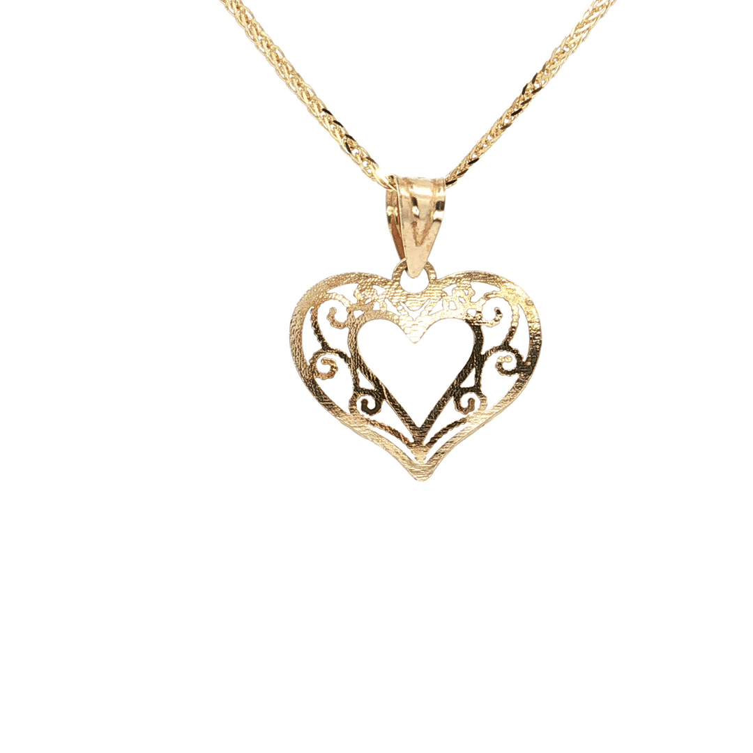 Open Filagree Solid Gold Heart Pendant Necklace on an 18" Square Diamond Cut Spiga Wheat Chain in Solid 14kt Yellow Gold – Jewelry Depot, Inc.
