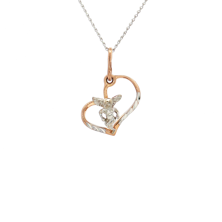 Open Heart Angel Pendant Necklace in 14k White & Rose Gold