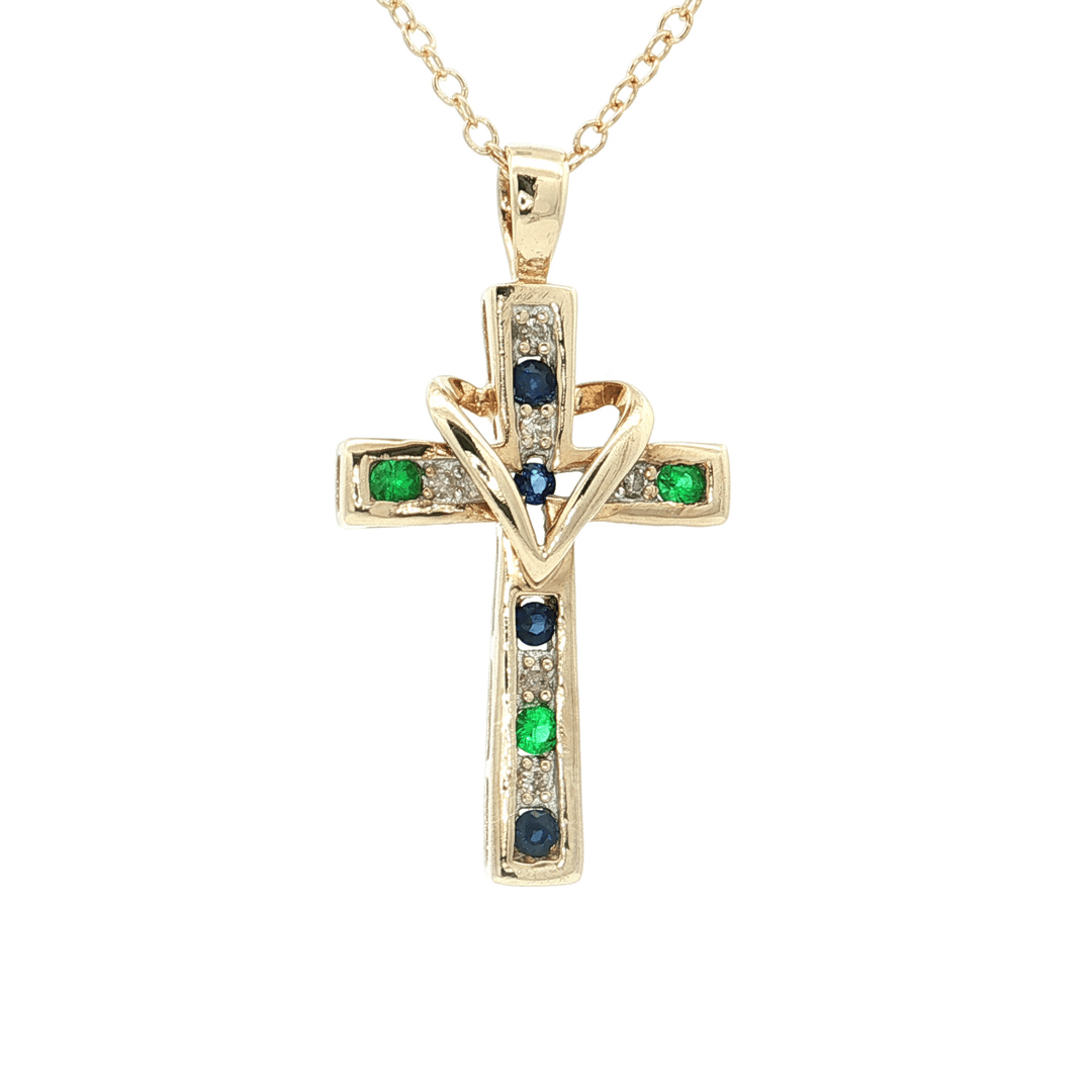 Diamond, Sapphire, and Emerald Cross with Heart Pendant (1 ct.) 10k Yellow Gold