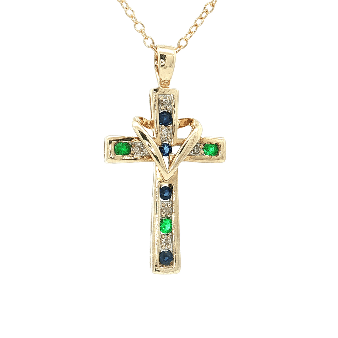 1.00 CTW Natural Diamond, Sapphire, and Emerald Cross with Heart Pendant on an 18" Cable Chain in Solid 10kt Yellow Gold – Jewelry Depot, Inc.