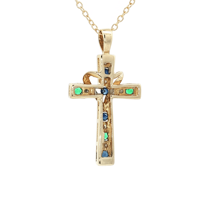 1.00 CTW Natural Diamond, Sapphire, and Emerald Cross with Heart Pendant on an 18" Cable Chain in Solid 10kt Yellow Gold – Jewelry Depot, Inc.
