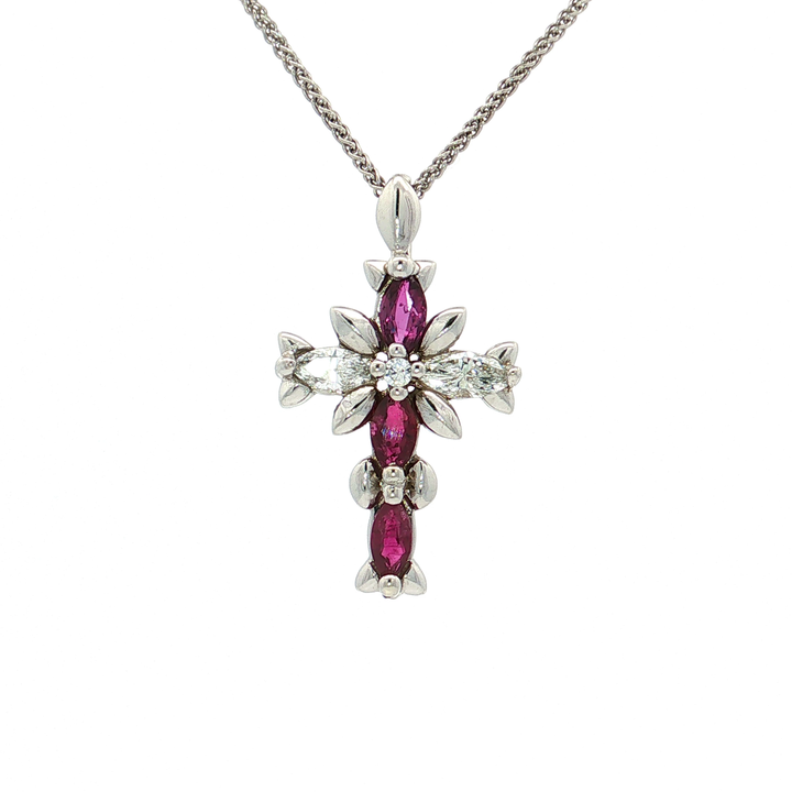 Marquise Deep Red Ruby & Diamond Cross Pendant Necklace (1 ct. tw.) in 14k White Gold