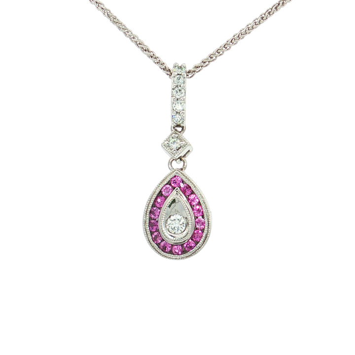 Vivid Pink Sapphire Colorless Nearly Flawless Halo Drop Diamond Pendant Necklace (⅝ ct. tw.) in 14k White Gold