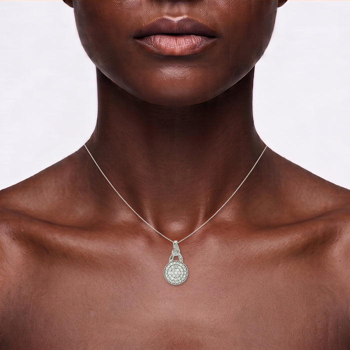 Pavé Cluster Colorless Nearly Flawless Diamond Pendant Necklace (1 ½ ct. tw.) in 18k White Gold shown on the neck (deep skin tone)