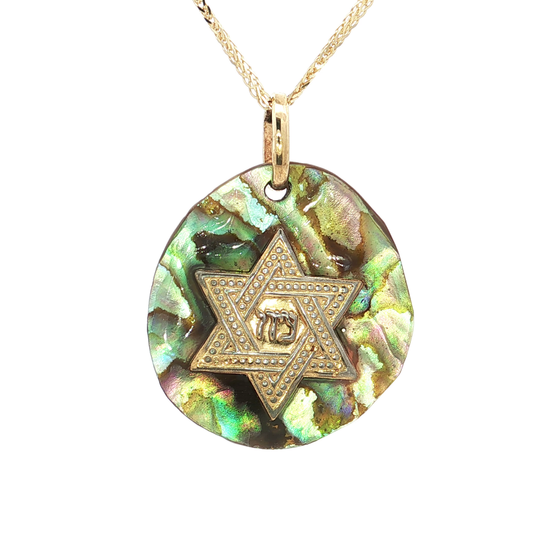 14kt Gold Star of David Inlaid in a Natural Mother of Pearl Pendant Necklace on an 18" Square Diamond Cut Spiga Wheat Chain in Solid 14kt Yellow Gold – Jewelry Depot, Inc.