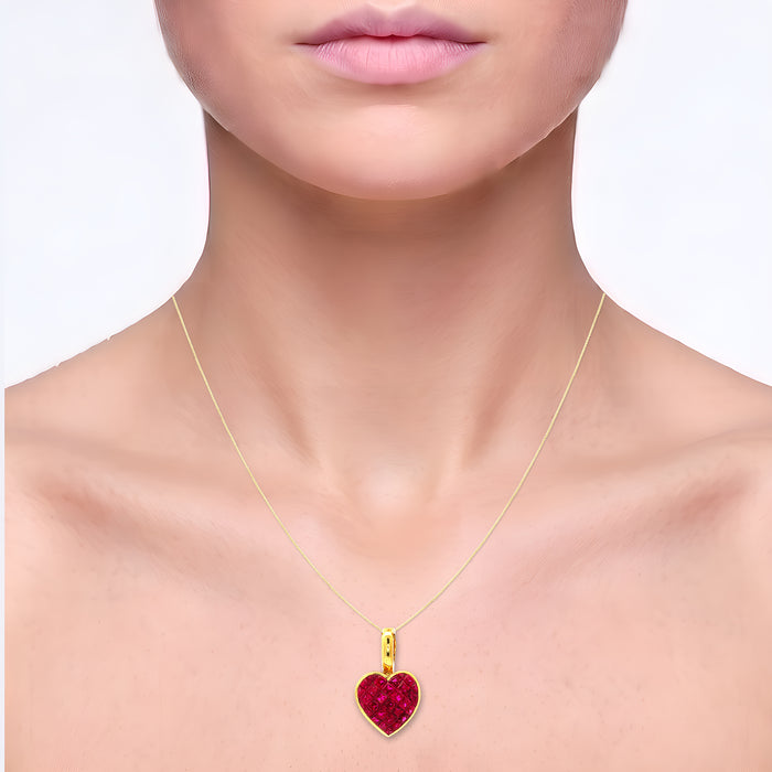 Princess Cut Deep Red Ruby Heart Pendant Necklace (2 ½ ct. tw.) in 18k Yellow Gold shown on the neck (light skin tone)