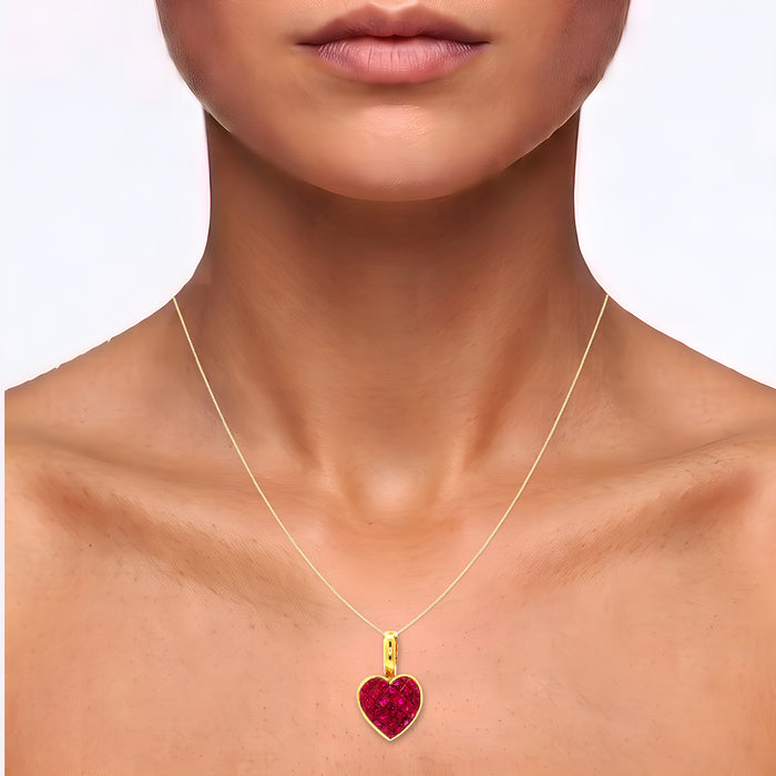 Princess Cut Deep Red Ruby Heart Pendant Necklace (2 ½ ct. tw.) in 18k Yellow Gold shown on the neck (medium skin tone)