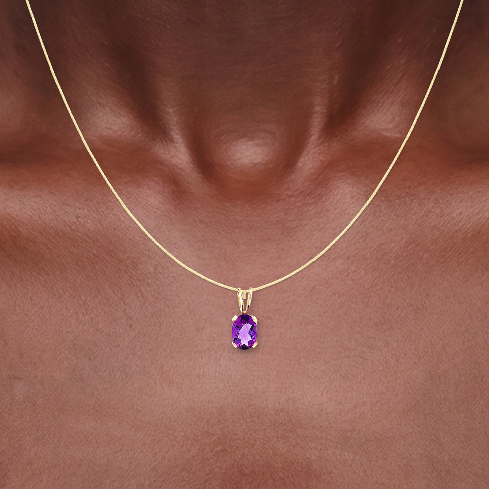 Oval Checkerboard Cut Deep Amethyst Pendant Necklace (⅔ ct.) in 14k Yellow Gold shown on the neck (deep skin tone)