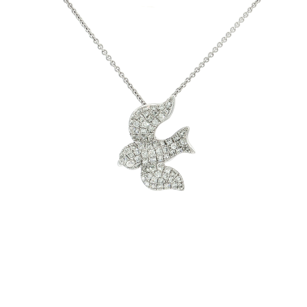 Diamond fish pendant on a chain against a white background