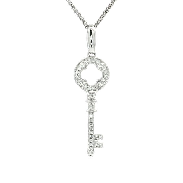 Pavé Colorless Nearly Flawless Diamond Clover Key Pendant Necklace (⅛ ct. tw.) in 18k White Gold