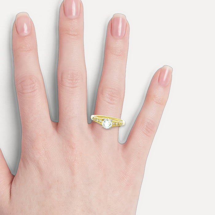 Nearly Flawless Colorless Round Brilliant Cut Diamond Engagement Ring (1 ct. tw.) in 18k Yellow & White Gold shown on a hand (light skin tone)