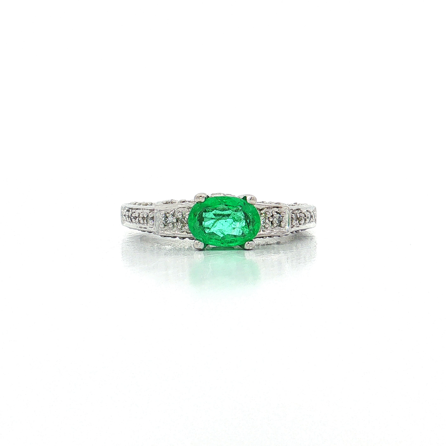 Oval Cut Emerald & Pave Diamond Ring (1 1/3 ct. tw.) 18k White Gold