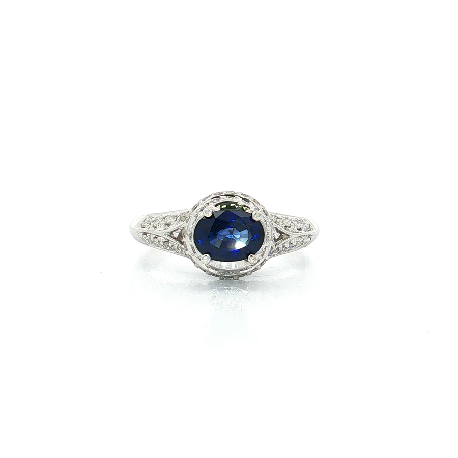 Oval Cut Vivid Sapphire & Colorless Pave Diamond Ring (2 ct. tw.) 18k White Gold
