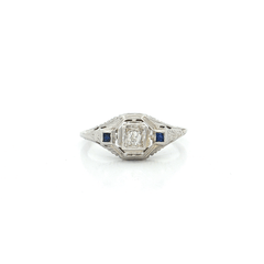 Vintage Round Brilliant Cut Art Deco Diamond & Sapphire Ring (⅕ ct. tw.) in 14k White Gold