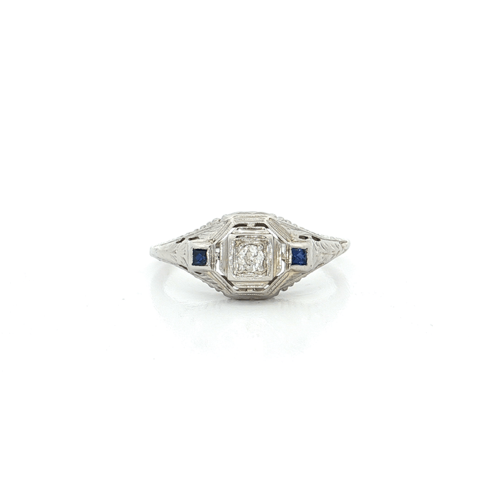 0.20 CTW Antique Natural Round Brilliant Cut Diamond & AAA Grade Sapphire Ring in 14kt White Gold – Jewelry Depot, Inc.