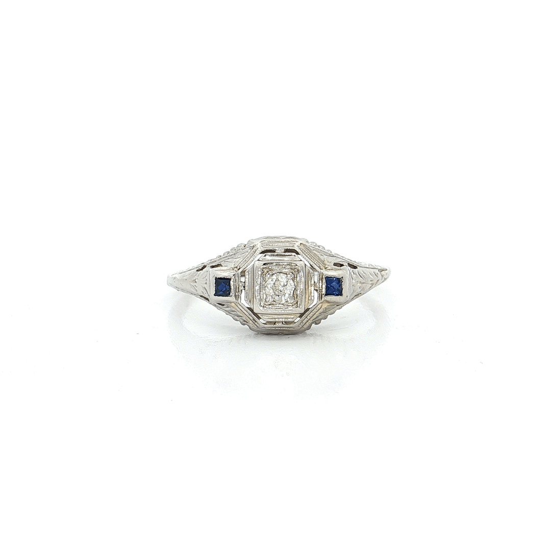 0.20 CTW Antique Natural Round Brilliant Cut Diamond & AAA Grade Sapphire Ring in 14kt White Gold – Jewelry Depot, Inc.